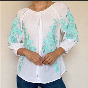 Sundance Aqua Embroidered White Cotton Top M